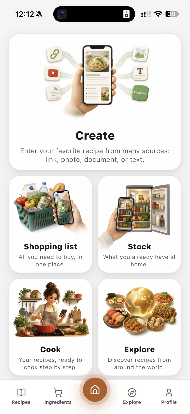 Skutečná domovská obrazovka CuisineLab s kartami Create, Shopping list, Stock, Cook a Explore